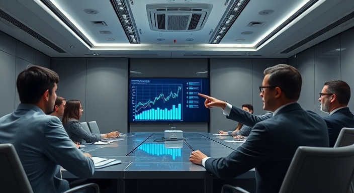 lower interest rate meeting, intrigued, pointing at screen, photorealistic, ultra-modern corporate boardroom, highly detailed, interactive display showing dynamic graphs, razor-sharp, gray, cool LED ceiling lights, shot with a 24mm lens.