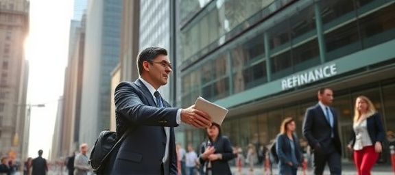 successful refinance deal, excited, shaking hands, photorealistic, bustling financial hub with skyscrapers, highly detailed, blurred motion of people passing by, crisp quality, metallic, noon sunlight, shot with a 35mm lens.