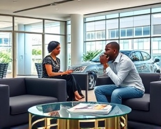 transparent auto loan, customer service, explaining terms, photorealistic, inviting atmosphere with coffee table and magazines, highly detailed, reassuring gestures, high fidelity, bright colors, natural daylight, shot with a 50mm lens.