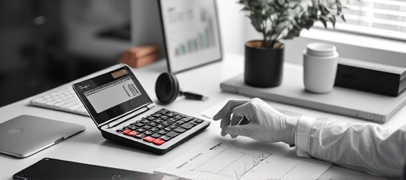 efficient finance calculator, tech-savvy user, customizing settings, photorealistic, minimalist workspace with modern devices, highly detailed, fluid navigation, pinpoint focus, monochrome palette, soft backlight, shot with a 105mm lens.