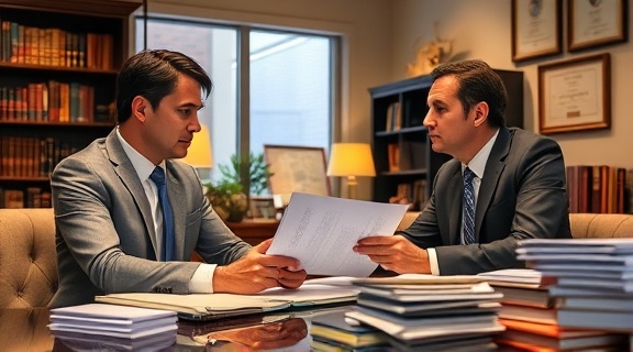 intense lease contract discussion, engaging expression, explaining, photorealistic, in a chic law office with diplomas on the walls, highly detailed, with documents piled on desk, HDR quality, warm tones, track lighting, shot with a 70-200mm f/2.8 lens.