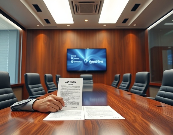 approved loan document, satisfied, signing papers, photorealistic, within a corporate meeting room, highly detailed, wooden desk with digital screens, ultra-crisp, white, overhead LED lighting, shot with an 85mm lens.