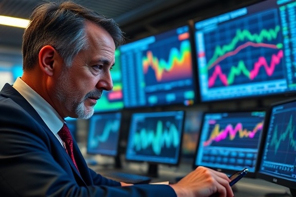 complex lease finance, focused expression, calculating, photorealistic, in a financial institution with graphs on screens, highly detailed, with digital charts in motion, 4K resolution, vibrant colors, fluorescent lighting, shot with a 24mm f/2.8 lens.