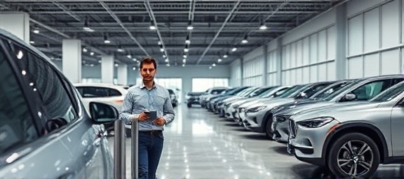 vehicle refinancing, optimistic, discussing offers, photorealistic, inside a futuristic showroom, highly detailed, cars displayed under spotlights, rich texture, silver, diffuse lighting, shot with a wide-angle lens.