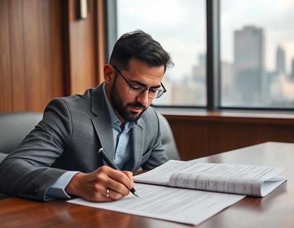 detailed lease paperwork, concentrated expression, signing, photorealistic, in a wooden conference room with a view of the cityscape, highly detailed, with fluttering pages, 8K resolution, neutral tones, ambient lighting, shot with an 85mm f/1.4 lens.