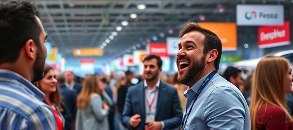 dynamic car finance fair, excited expression, engaging with attendees, photorealistic, bustling exhibition hall filled with colorful banners and car models, highly detailed, people interacting, asking questions, HDR processing, bright contrasting colors, continuous lighting system, shot with a Sigma Art 35mm f/1.4 lens