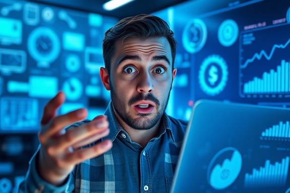 futuristic auto loan concept, astonished expression, reviewing digital projections, photorealistic, modern futuristic workspace with holographic displays and virtual currency icons, highly detailed, digital graphs and charts floating, 8K resolution, blue and teal highlights, backlit by neon LEDs, shot with a Sony G Master 24-70mm f/2.8 lens