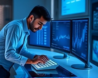 smart finance calculator, young professional, checking data, photorealistic, sleek desk setup with triple monitors, highly detailed, seamless interface, crisp definition, cool blue tones, LED lighting, shot with a 24-70mm lens.