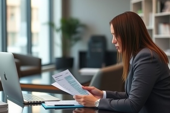 reliable auto credit, loan officer, verifying information, photorealistic, professional setting with contemporary furnishings, highly detailed, attentive interaction, high-resolution clarity, muted colors, diffused lighting, shot with a 85mm lens.