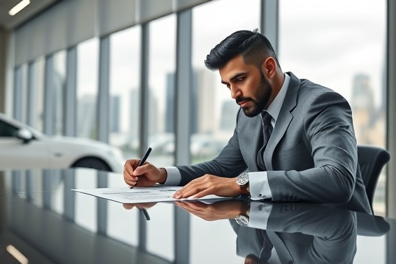 modern vehicle finance negotiation, determined expression, signing electronic contract, photorealistic, sleek, high-tech meeting room with smart touch table and cityscape view, highly detailed, animated contract data flowing beside, ultra-HD clarity, monochrome accents, soft overhead lighting, shot with a Nikon AF-S 85mm f/1.4G lens