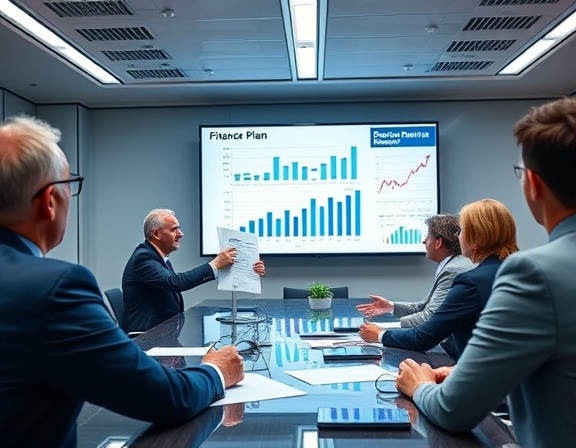 detailed finance plan, business professional, presenting charts, photorealistic, corporate meeting room with digital screens, highly detailed, participants attentively listening, crisp clarity, cool colors, fluorescent lighting, shot with a 70-200mm lens.