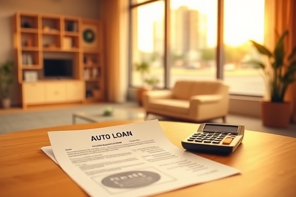 auto loan agreement, content, reviewing document, photorealistic, warm-colored office space with modern furniture, highly detailed, papers and a calculator on the desk, precise definition, yellow, evening light through a window, shot with a telephoto lens.