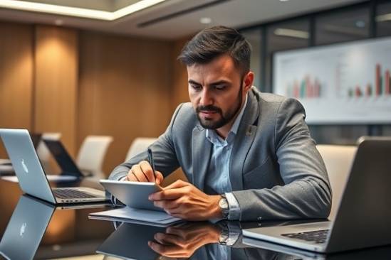 focused finance repair, analytical expression, jotting down notes on a tablet, photorealistic, a conference room with glossy tables and laptops, highly detailed, graphs and charts visible in the background, neutral color palette, overhead lighting, shot with an 85mm lens.