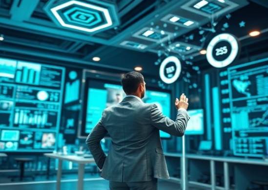 dynamic finance credit, confident stance, interacting with virtual interfaces, photorealistic, futuristic workspace filled with holographic displays, highly detailed, flowing information streams in the air, silver and teal tones, strong backlighting, shot with a 24mm lens.