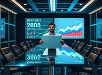ambitious credit finance, optimistic appearance, presenting a financial plan, photorealistic, high-tech boardroom with sleek furnishings, highly detailed, graphs projected onto glass, vivid colors, directional lighting, shot with a 55mm lens.