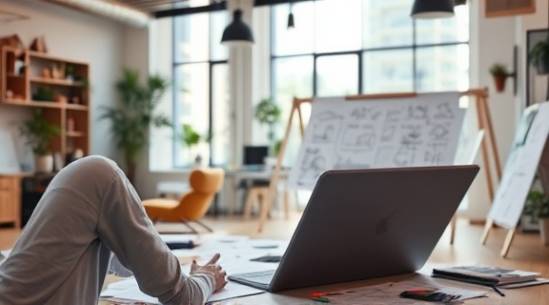 visionary finance credit, inspired gaze, developing strategies on a digital canvas, photorealistic, an innovative start-up hub with creative decor, highly detailed, brainstorm sketches scattered around, bright and airy hues, diffused skylight, shot with a 40mm lens.