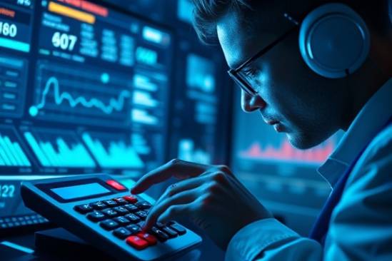futuristic loan calculator interface, concentrated user, calculating loan, photorealistic, digital environment with holographic screens and graphs, highly detailed, numbers and charts dynamically changing, high-resolution display, cool blues and vibrant neon colors, studio lighting, shot with a macro lens.