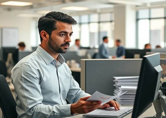 organized vehicle loan section, focused employee, explaining terms, photorealistic, office cubicle with stacks of papers and computer, highly detailed, employees in the background discussing, clear fonts, muted palettes, diffused daylight, shot with a standard 50mm lens.