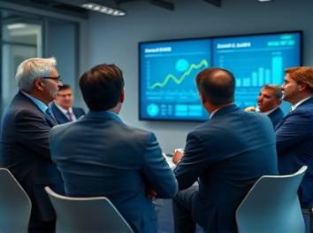 interactive auto finance meeting, attentive group, discussing loans, photorealistic, conference room with large screen and graphs, highly detailed, animated conversation, high clarity, business attire in shades of blue and grey, spot lighting, shot with a telephoto lens.