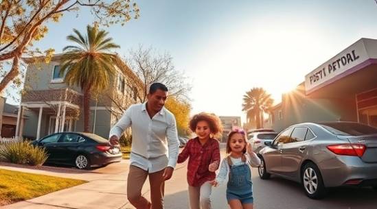 suburban neighborhood post-loan approval, joyful family, exiting bank, photorealistic, outdoor setting with trees and parked cars, highly detailed, children playing, fine textures, bright colors under natural sunlight, golden hour lighting, shot with a fish-eye lens.