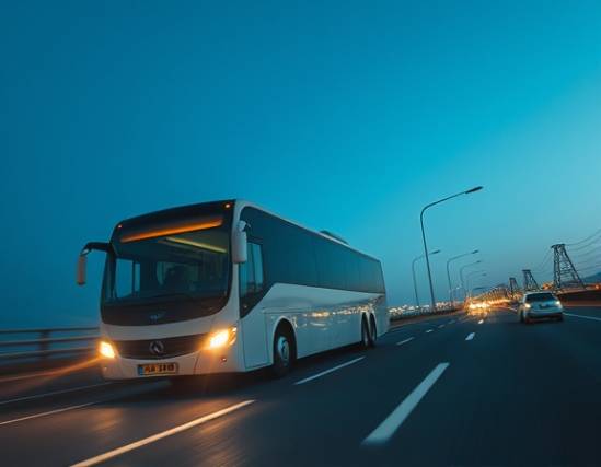 modern commercial vehicle, optimistic expression, driving over a bridge, photorealistic, beneath a clear blue sky, highly detailed, reflection of city lights on its surface, f/2.2, deep blue, ambient daylight lighting, shot with a 35mm lens.
