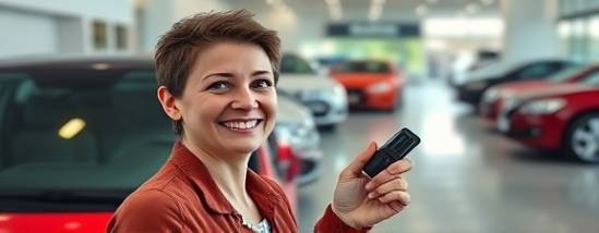 new vehicle financing, hopeful expression, receiving keys, photorealistic, inside a dealership with polished floors, highly detailed, the scene filled with vibrant colors from other cars, f/1.4, glossy red, natural indoor lighting, shot with a 50mm lens.