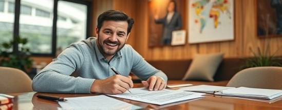 happy financing car, enthusiastic expression, signing contract, photorealistic, inside a cozy office with wooden textures, highly detailed, papers and pens scattered artistically, f/2.8, soft beige, warm lighting, shot with a 70mm lens.