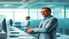 professional commercial loan scenario, satisfied expression, shaking hands, photorealistic, in a bright modern office with glass walls, highly detailed, computers and documents scattered around, f/3.5, teal blue, cool daylight lighting, shot with a 85mm lens.