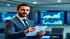 reliable commercial loan advisor, confident expression, presenting options, photorealistic, a conference room with a digital display, highly detailed, graphs and charts vividly displayed, f/1.6, charcoal black, brilliant screen lighting, shot with a 90mm lens.