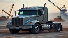 custom-built commercial truck, rugged expression, on a dusty construction site, photorealistic, crane and bulldozers in the background, highly detailed, dirt and gravel creating dynamic movements, f/2.4, slate gray, soft evening lighting, shot with a 18mm lens.