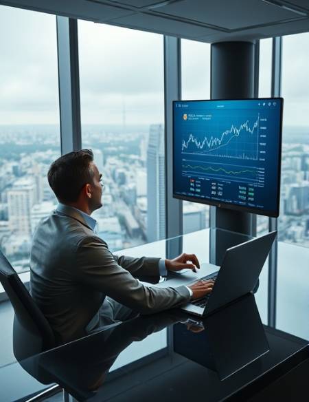 businessman examining loans financing options, contemplative, sitting at a sleek desk with a laptop, photorealistic, in a high-rise office overlooking a city, highly detailed, digital charts on the screen, cool tones, ambient lighting, shot with a 24mm lens.