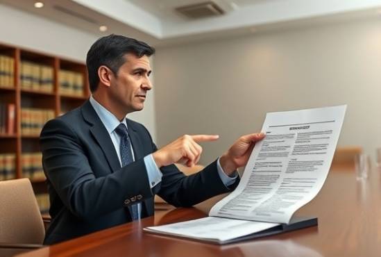 lawyer explaining a loans agreement, professional, pointing at a document, photorealistic, in a conference room with a long table, highly detailed, legal books in the background, neutral colors, overhead lighting, shot with an 85mm lens.