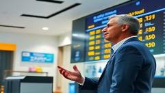 bank manager discussing loans interest rates, informative, gesturing with hands, photorealistic, in a financial institution lobby with modern decor, highly detailed, digital interest rate board visible, bright colors, fluorescent lighting, shot with a 28mm lens.