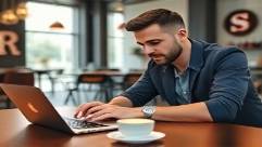 young entrepreneur filling out a loans application, determined, typing on a laptop, photorealistic, at a trendy café with an industrial vibe, highly detailed, latte art on the table, vibrant colors, natural morning light, shot with a 50mm lens.
