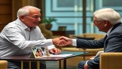 elderly couple finalizing a loans agreement, content, shaking hands with a banker, photorealistic, in a private bank office with plush seating, highly detailed, family photo on the table, classic tones, soft lighting, shot with a 70mm lens.