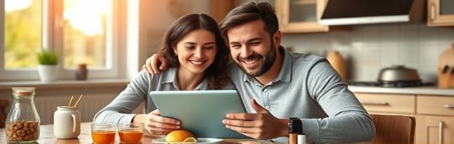 smiling couple discussing loans interest, optimistic, sharing a tablet screen, photorealistic, at a kitchen table with breakfast items, highly detailed, interest rate app visible, warm pastels, morning sunlight, shot with a 55mm lens.