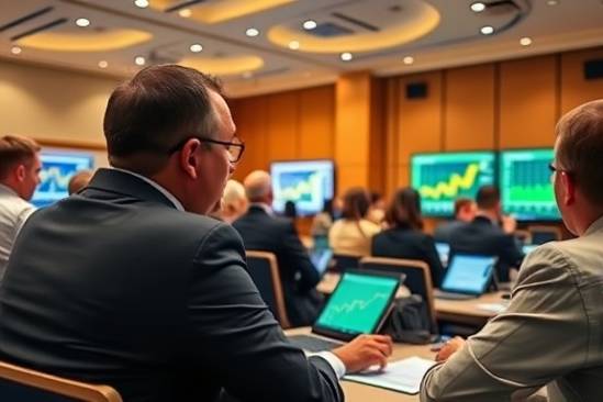 strategic dealer partnerships, serious discussion, analyzing market trends, photorealistic, bright seminar hall filled with people, highly detailed, graphs on screens, wide-angle perspective, vibrant greens and yellows, diffused overhead lighting, shot with an 85mm lens.