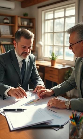 efficient finance dealer, focused collaboration, presenting business strategies, photorealistic, cozy office setting filled with documents, highly detailed, charts and pens, crisp detail, deep coffee brown, bright direct sunlight, shot with a 24mm lens.