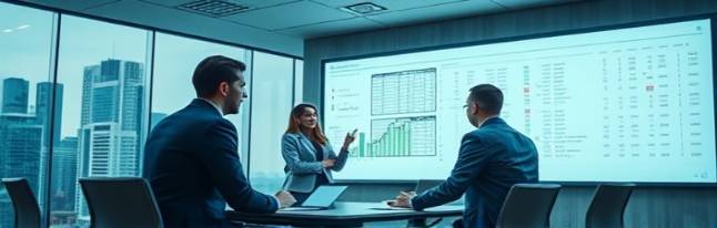 visionary dealer finance, confident teamwork, planning future investments, photorealistic, modern boardroom with cityscape background, highly detailed, whiteboard filled with data, wide frame, cool blue and gray tones, soft ceiling lights, shot with a 105mm lens.