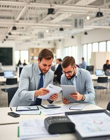 agile finance partnerships, intense negotiation, setting the next quarter goals, photorealistic, bustling office environment with open layout, highly detailed, digital tablets and spreadsheets, clear resolution, neutral white and black, focused spot lighting, shot with a 70mm lens.