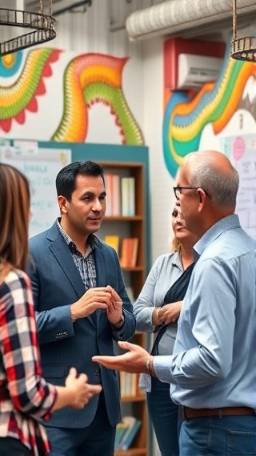 robust partnership finance, inspired conversation, brainstorming innovative solutions, photorealistic, creative workspace with colorful murals, highly detailed, sticky notes and diagrams, dynamic focus, pastel tones, bright indirect lighting, shot with a 50mm lens.