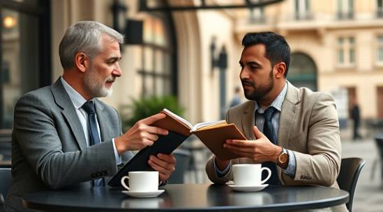 leading finance dealer, relaxed exchange, synchronizing financial calendars, photorealistic, outdoor café with architectural backdrop, highly detailed, coffee cups and tablets, subtle highlights, earth tones, natural morning light, shot with a 35mm lens.